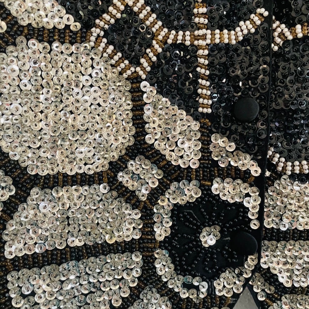 Vtg Theo Beaded Sequin Black Silver Geometric Floral Statement Vest Holiday LG - Picture 7 of 9